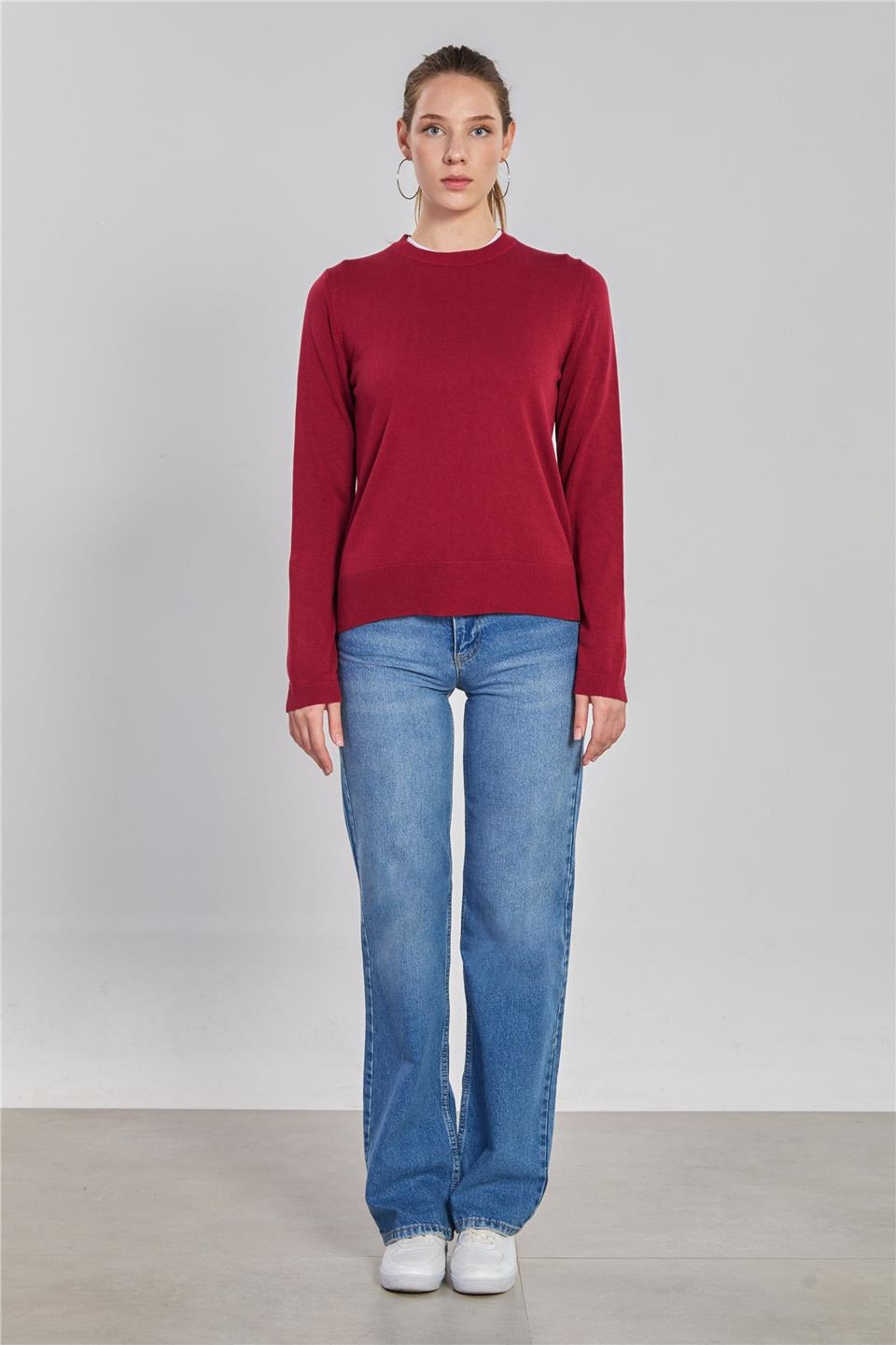 Yanları yırtmaçlı ince triko kazak-6632 Bordo