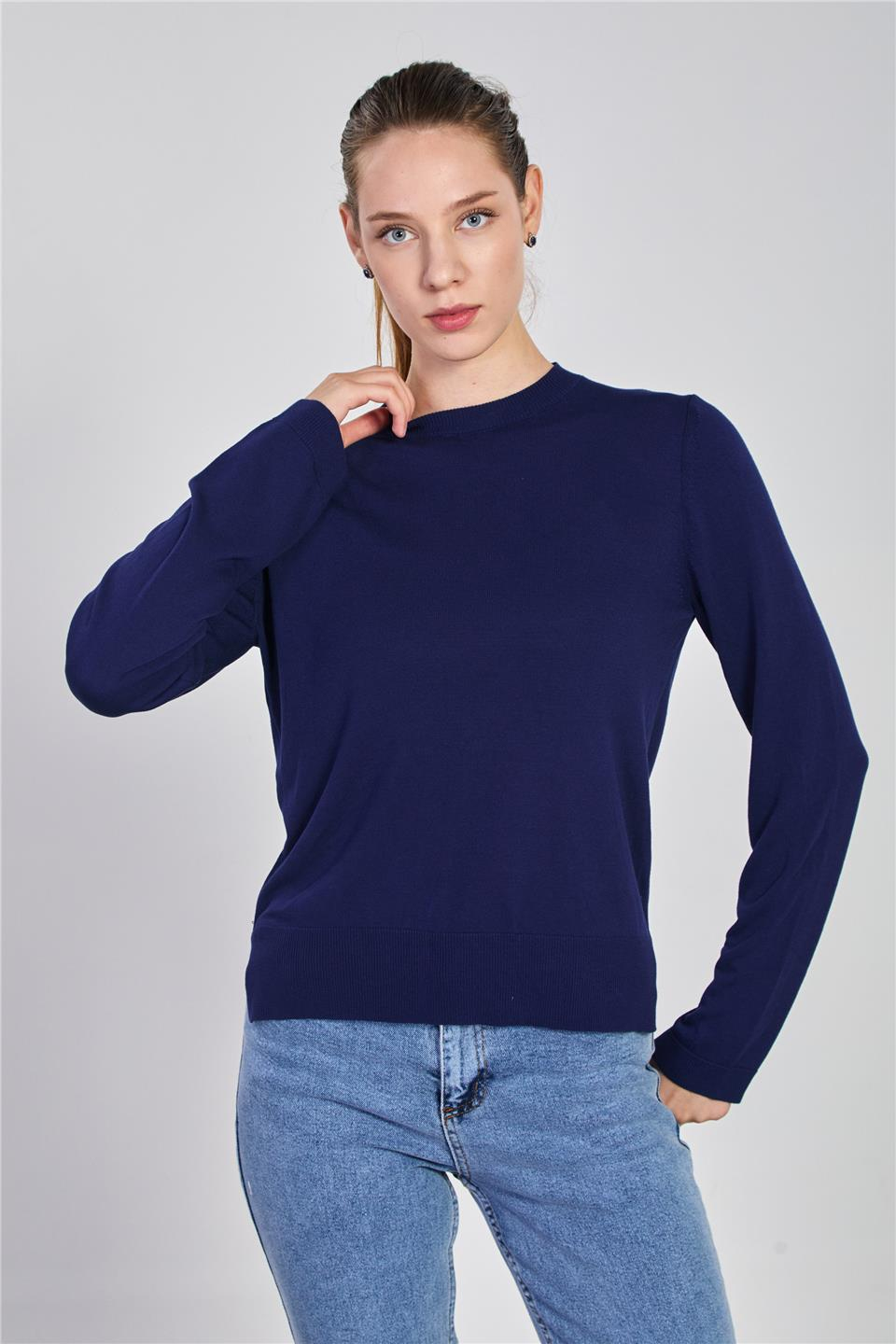 Yanları yırtmaçlı ince triko kazak-6632 Lacivert