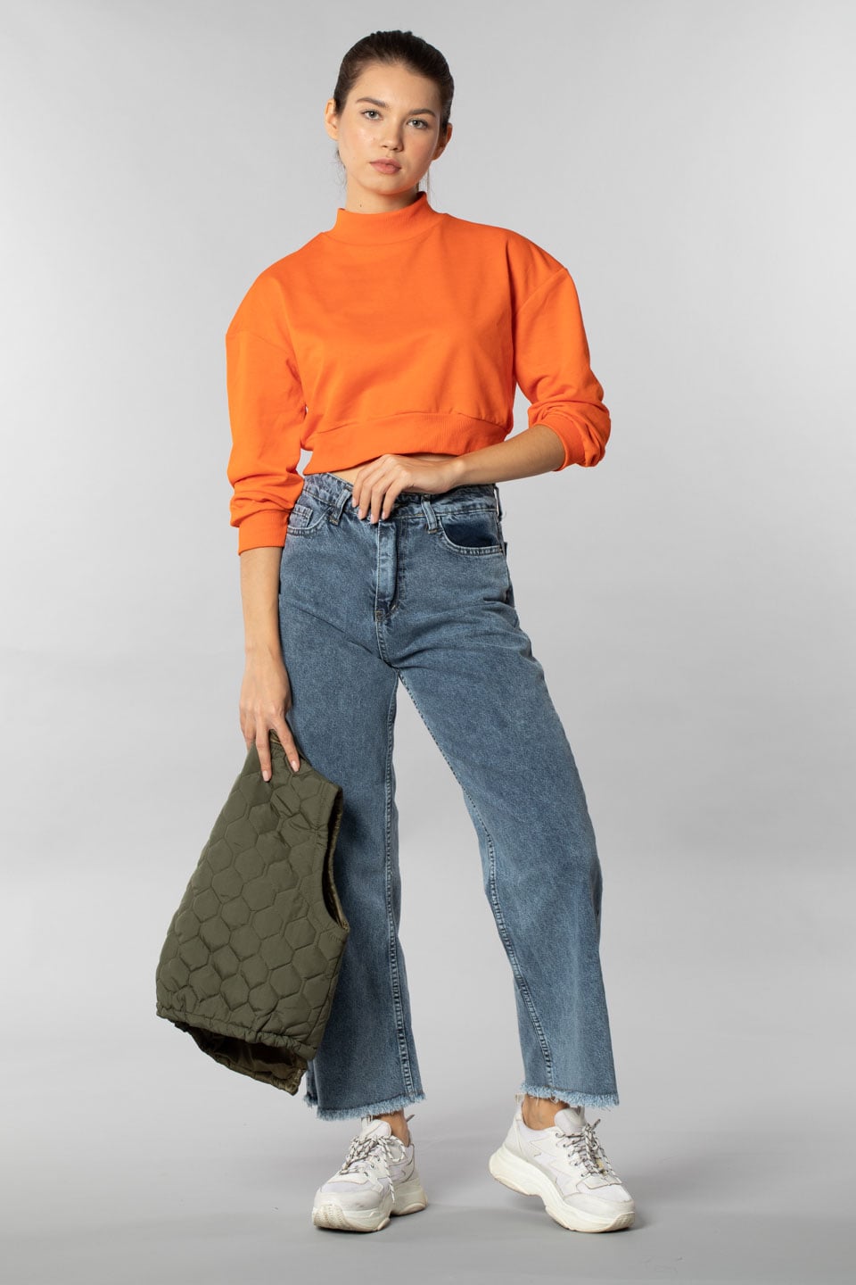Yarım balıkçı uzun kollu sweatshirt-6295 Oranj