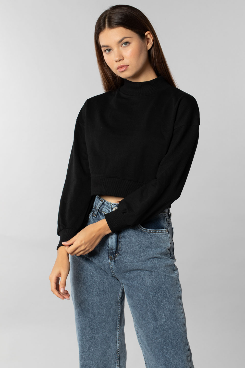 Yarım balıkçı uzun kollu sweatshirt-6295 Siyah