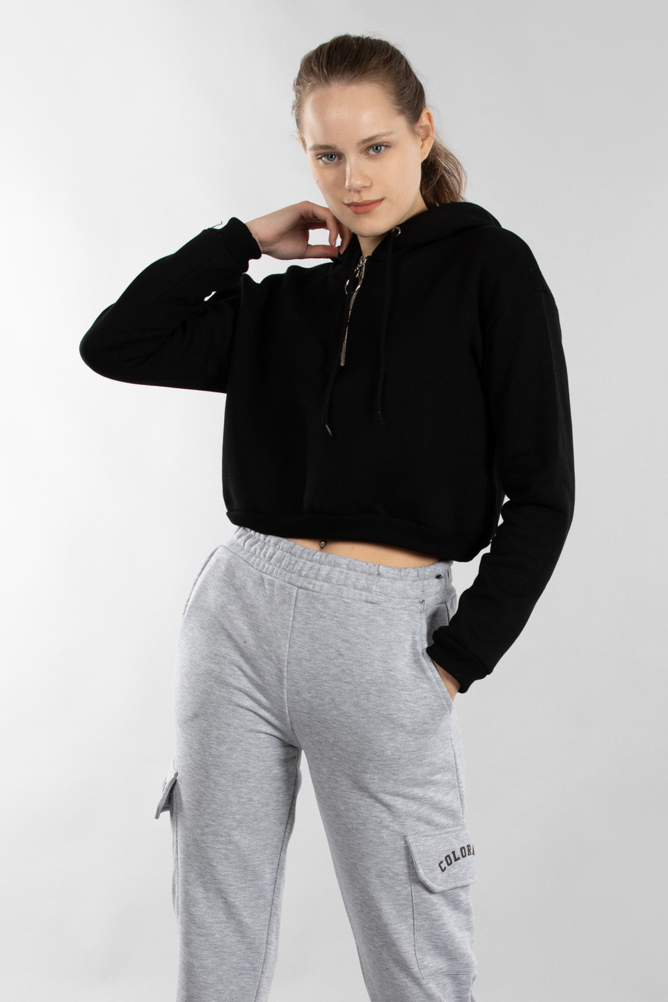 Yarım fermuarlı kapüşonlu sweatshirt-4280 Siyah