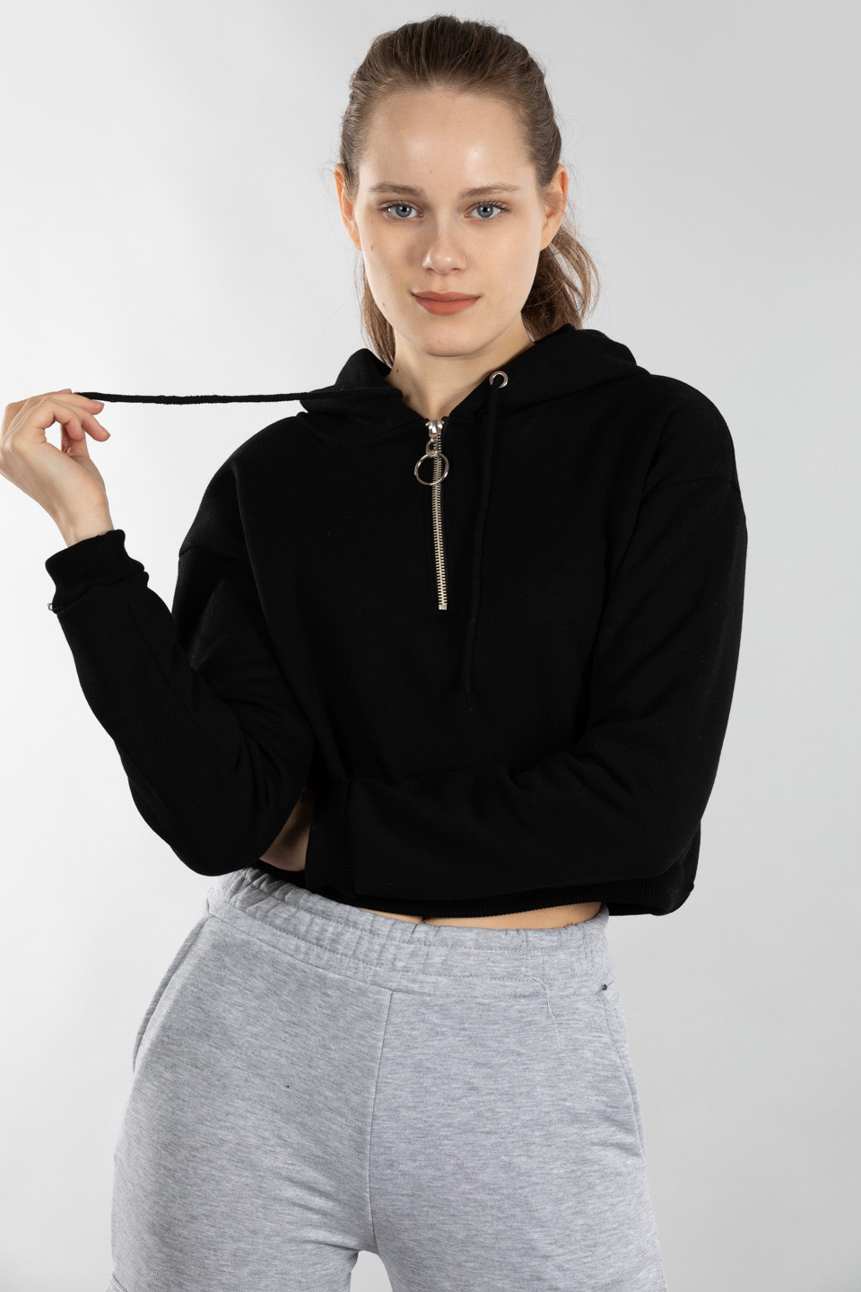 Yarım fermuarlı kapüşonlu sweatshirt-4280 Siyah