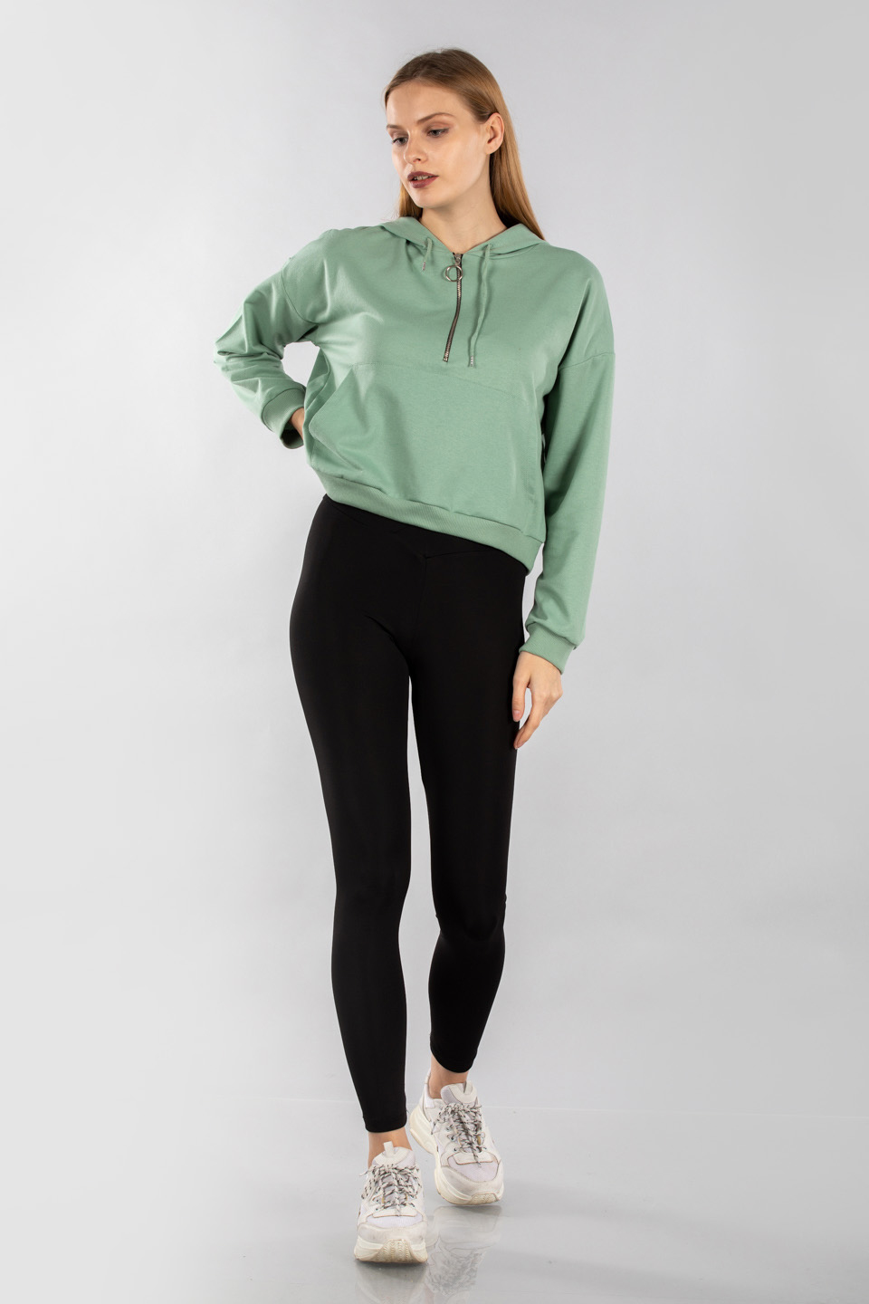 Yarım fermuarlı kapüşonlu sweatshirt-7005 Mint