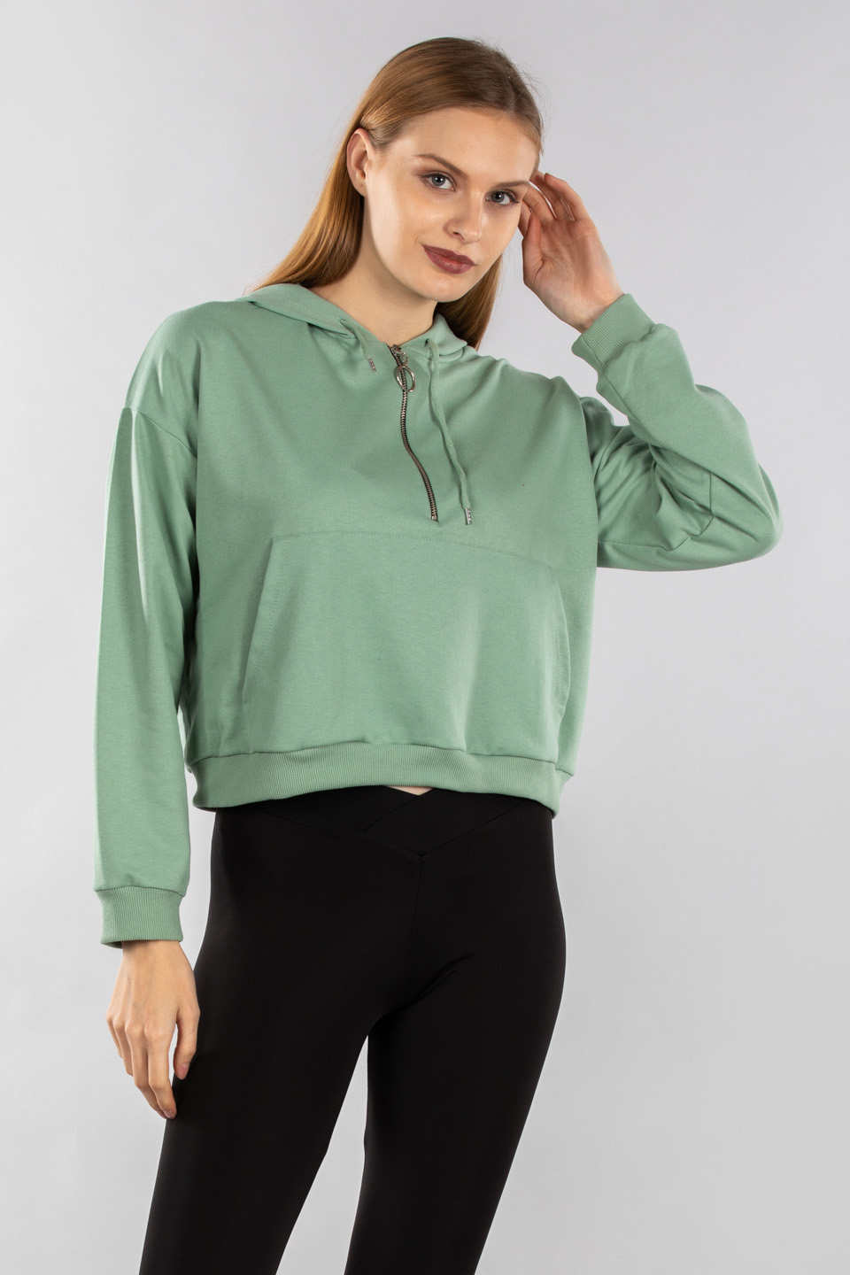Yarım fermuarlı kapüşonlu sweatshirt-7005 Mint