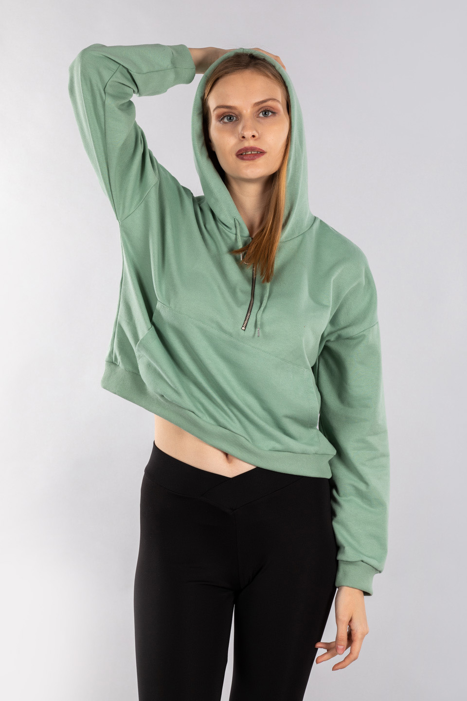 Yarım fermuarlı kapüşonlu sweatshirt-7005 Mint