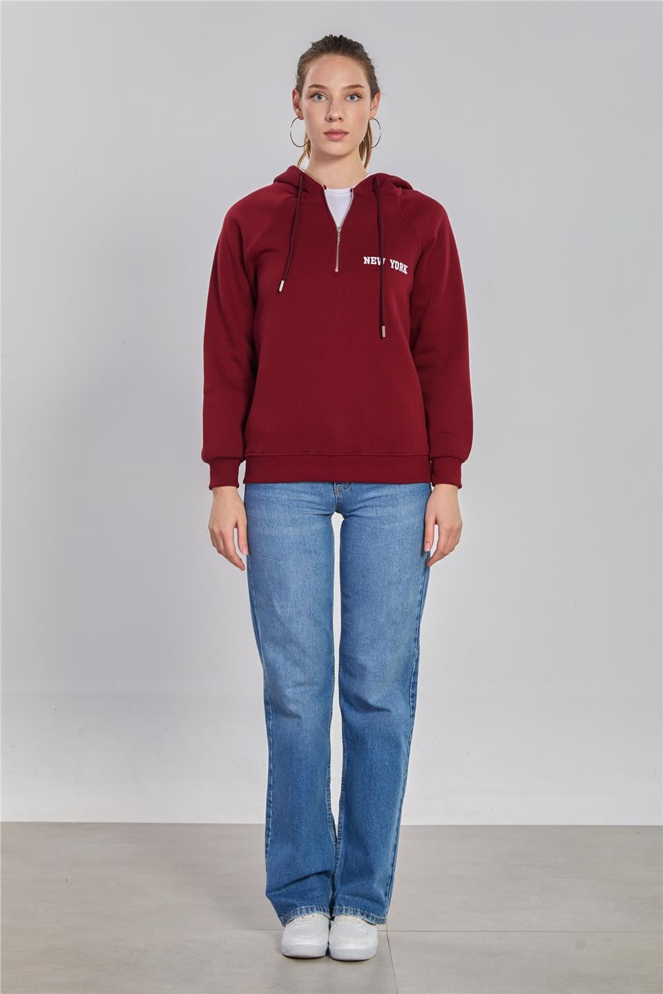 Yarım fermuarlı kapüşonlu sweatshirt-DVN1250 Vişne