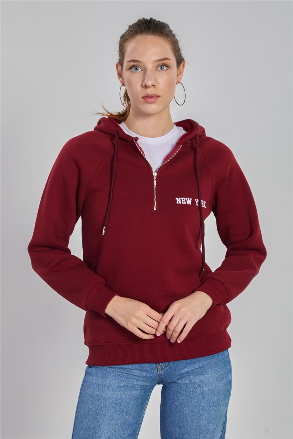 Yarım fermuarlı kapüşonlu sweatshirt-DVN1250 Vişne