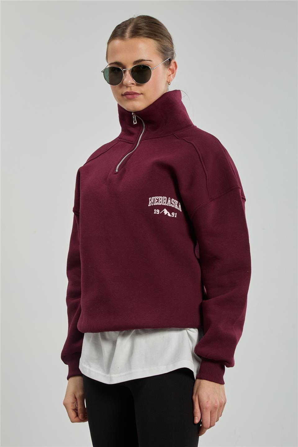 Yarım fermuarlı Nebraska baskılı sweatshirt-DVN0848 Vişne