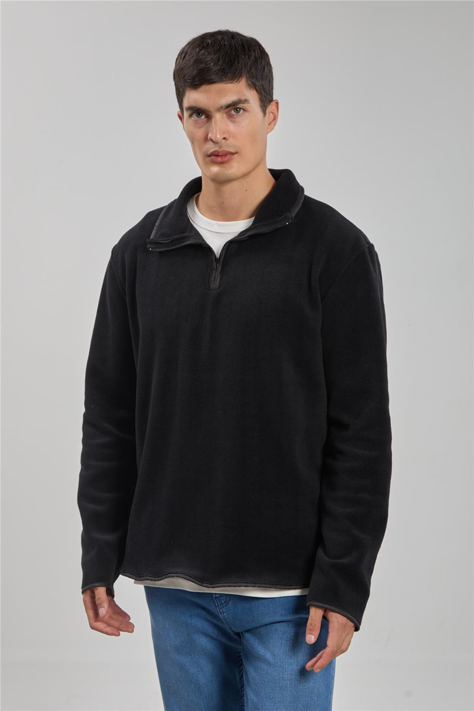 Yarım fermuarlı polar sweatshirt-130 Siyah