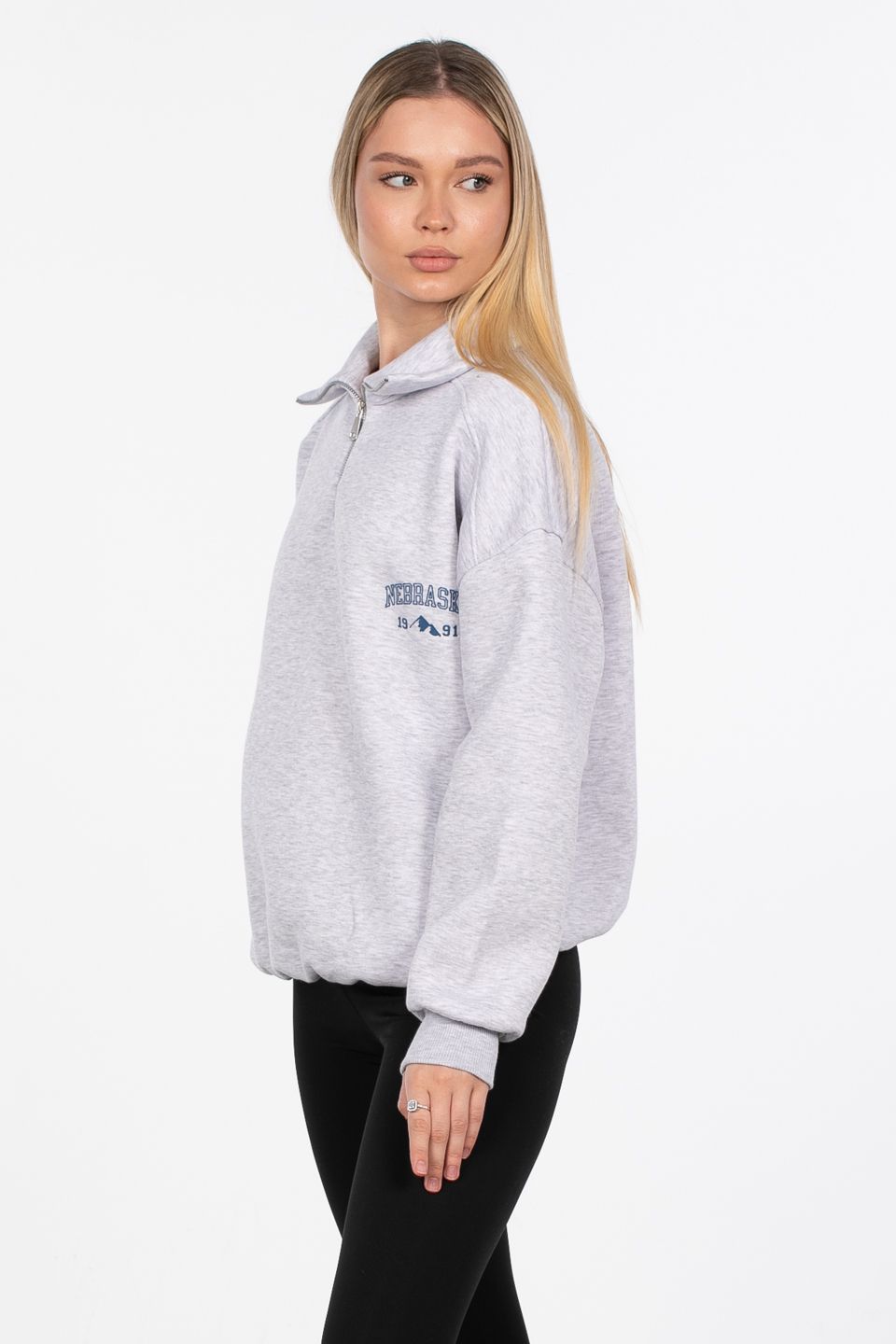Yarım fermuarlı yazı baskılı sweatshirt-DVN0848 Kar Melanj