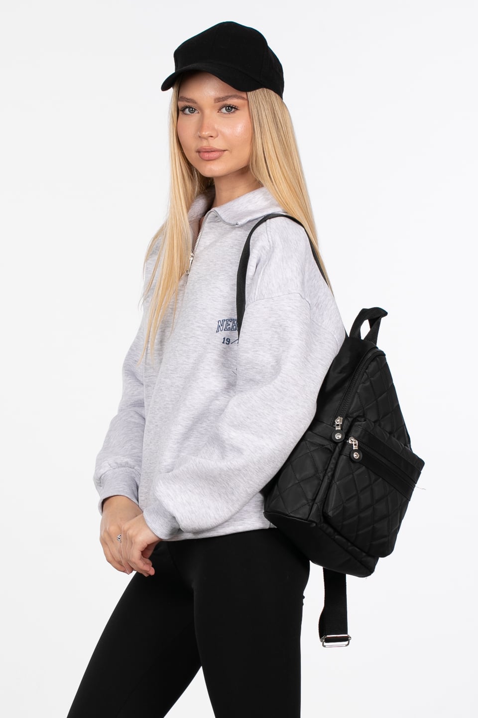Yarım fermuarlı yazı baskılı sweatshirt-DVN0848 Kar Melanj