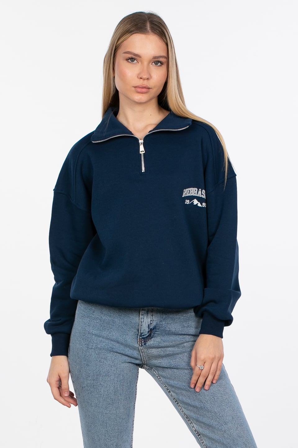 Yarım fermuarlı yazı baskılı sweatshirt-DVN0848 Lacivert