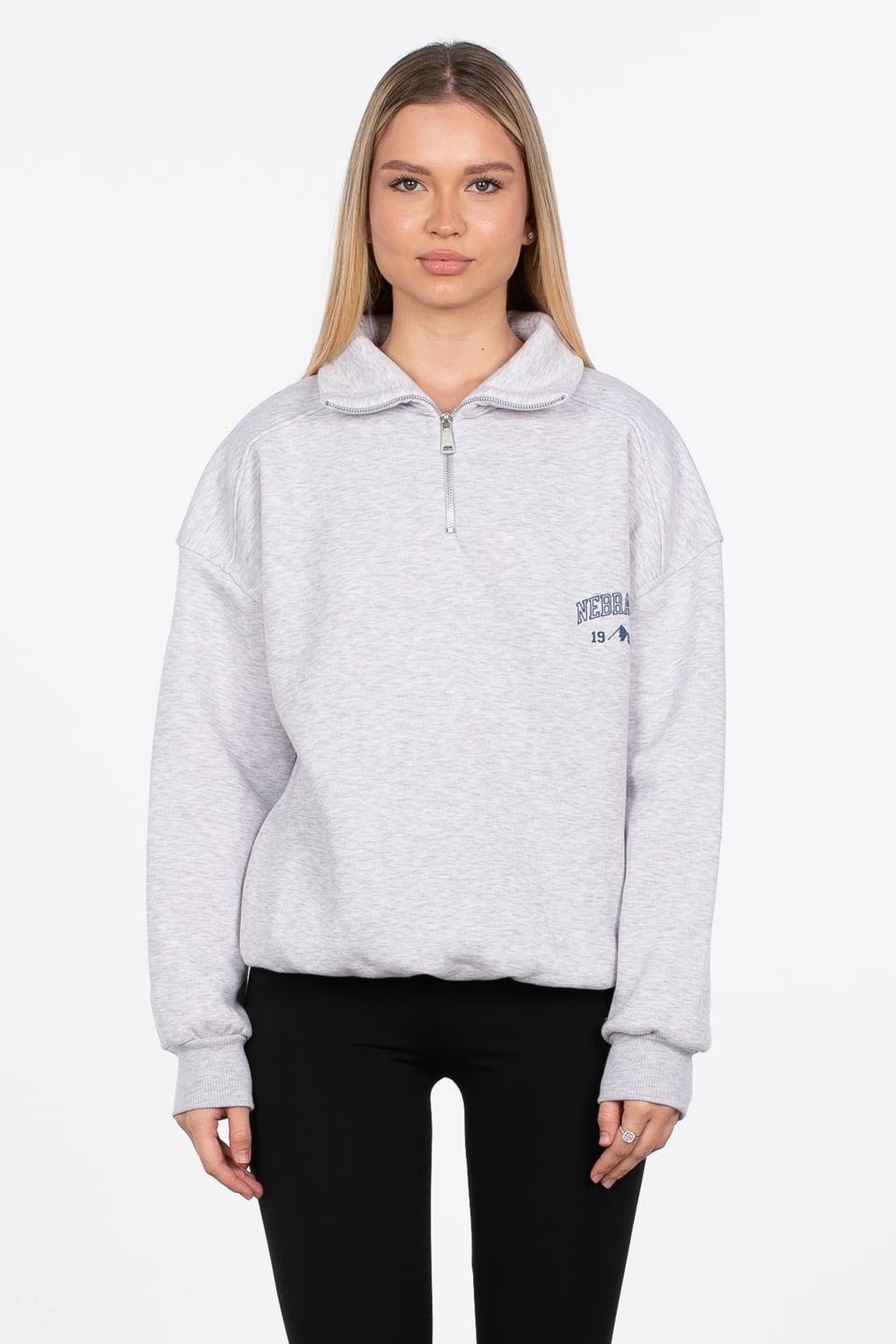 Yarım fermuarlı yazı baskılı sweatshirt-DVN0848 Kar Melanj