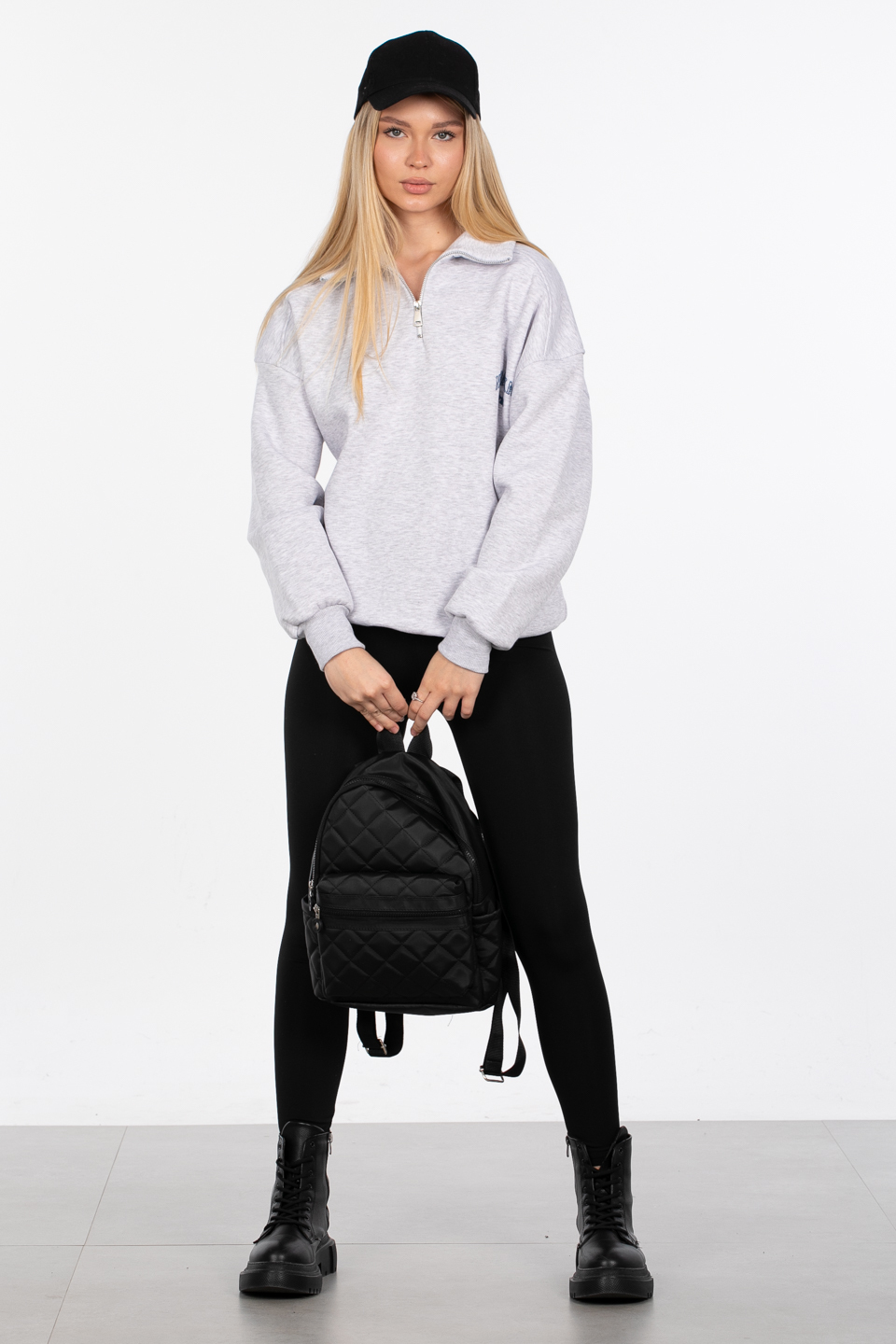 Yarım fermuarlı yazı baskılı sweatshirt-DVN0848 Kar Melanj