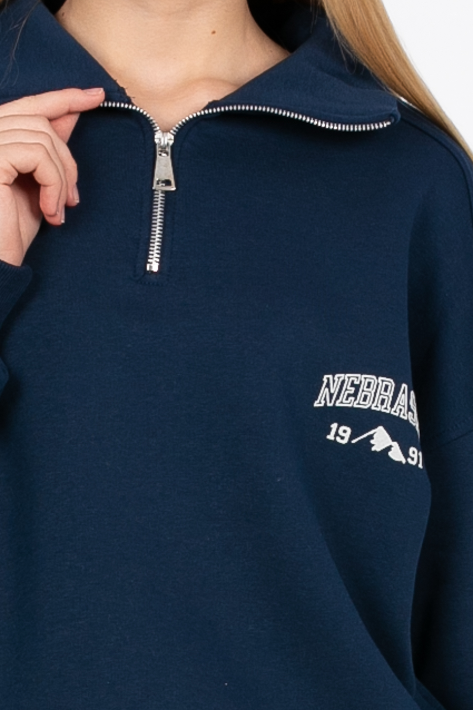 Yarım fermuarlı yazı baskılı sweatshirt-DVN0848 Lacivert