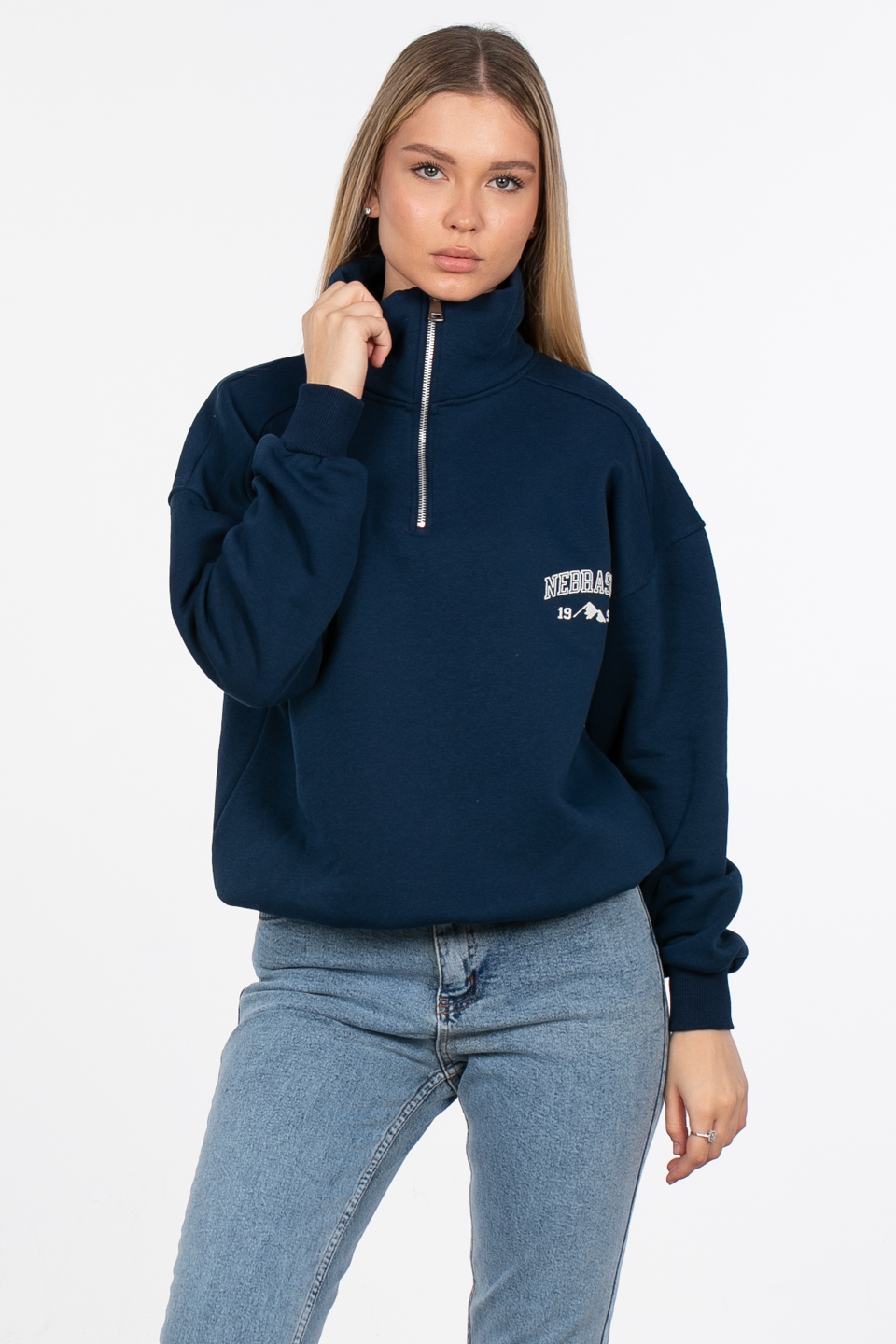 Yarım fermuarlı yazı baskılı sweatshirt-DVN0848 Lacivert