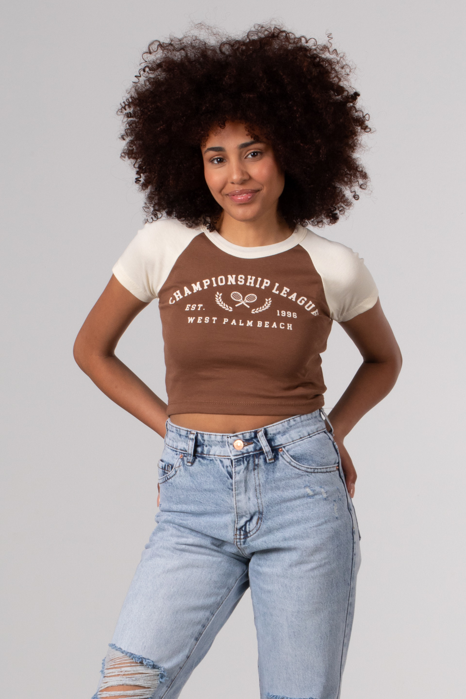Yazı baskılı garnili crop-4107 Kahve