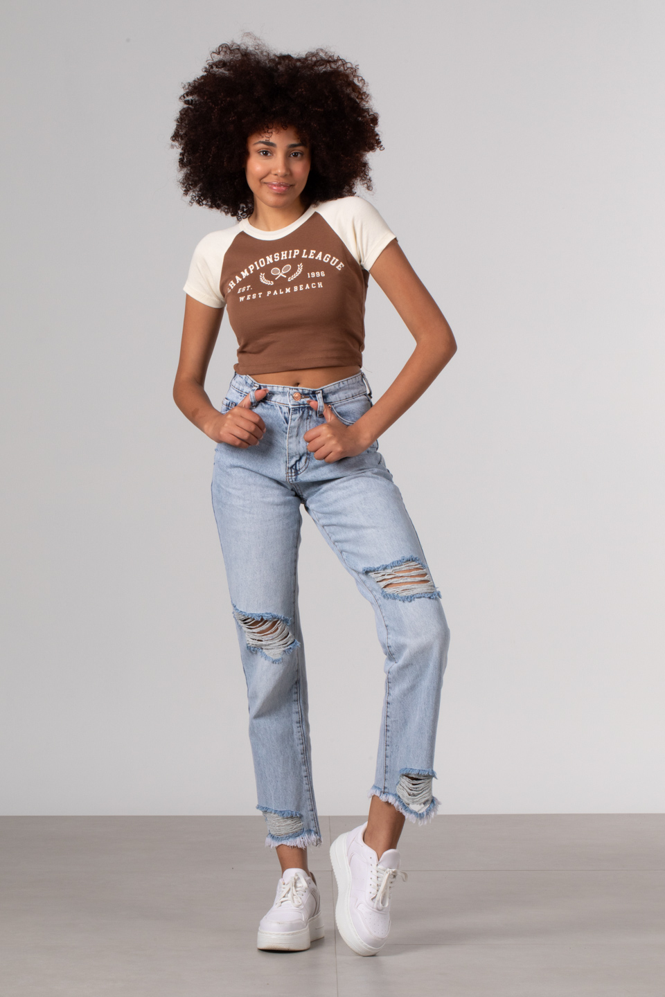 Yazı baskılı garnili crop-4107 Kahve