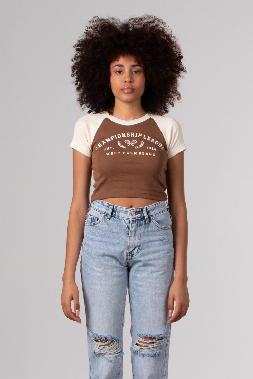 Yazı baskılı garnili crop-4107 Kahve