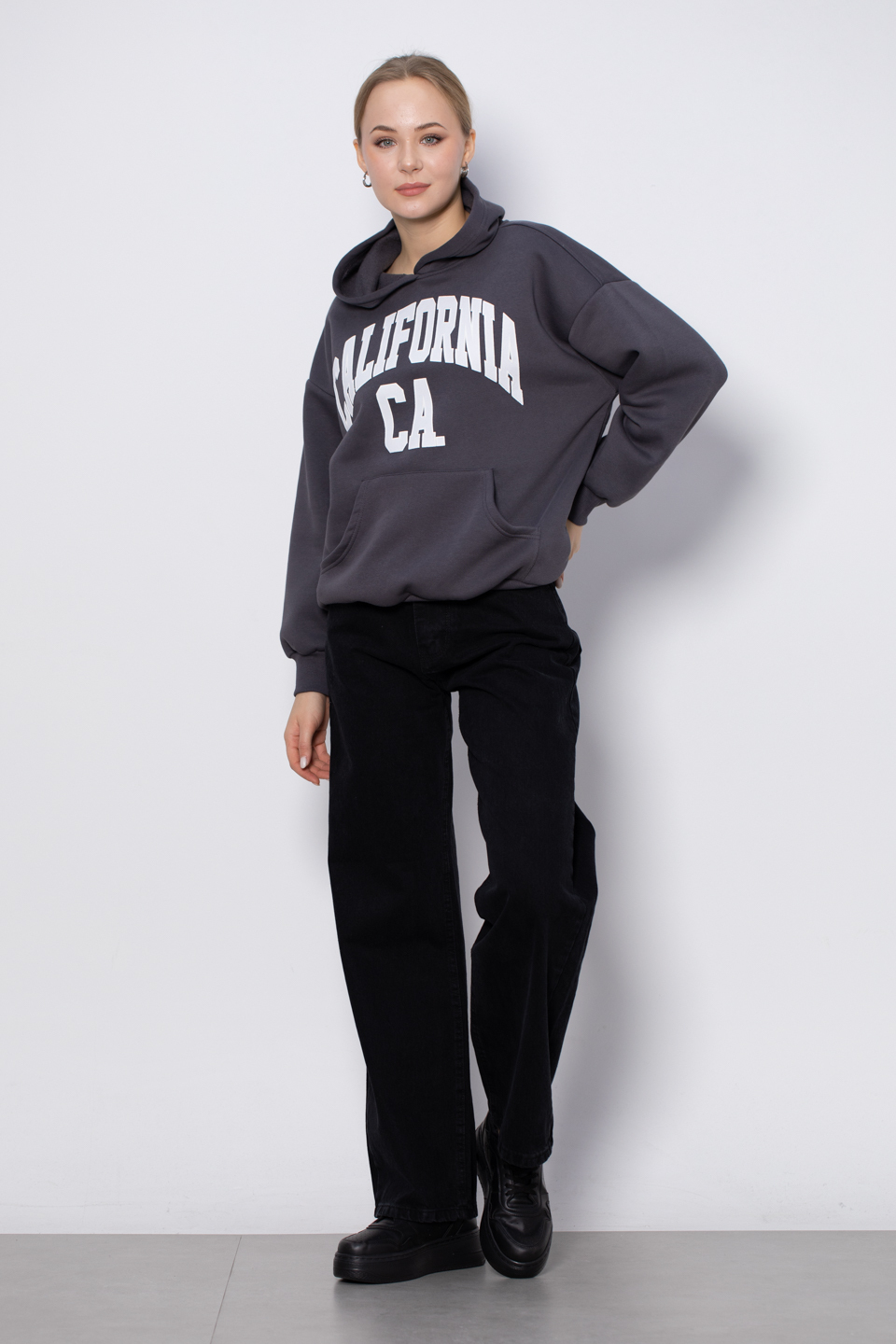 Yazı baskılı kapüşonlu sweatshirt-DVN0424 Antrasit