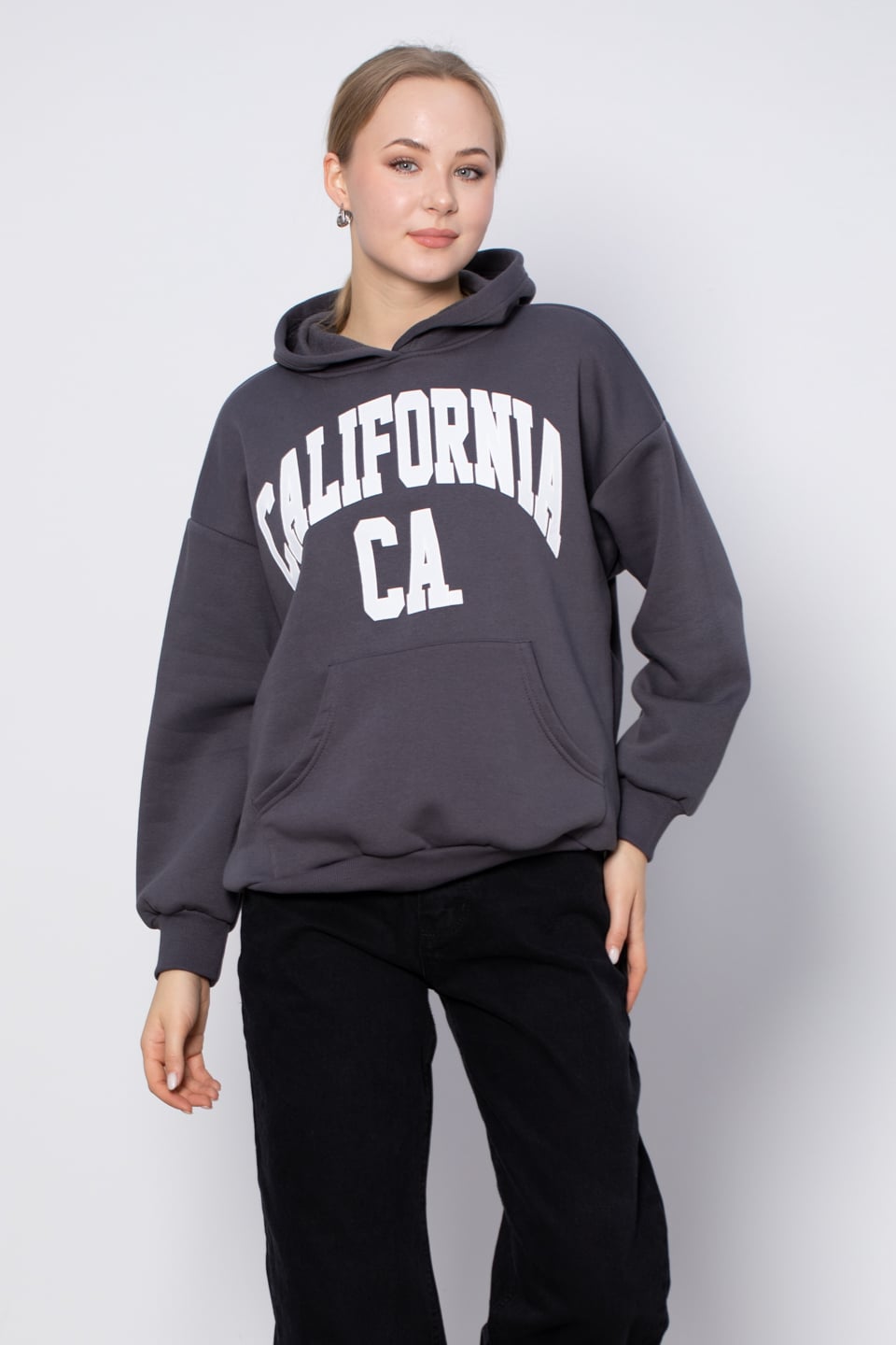 Yazı baskılı kapüşonlu sweatshirt-DVN0424 Antrasit