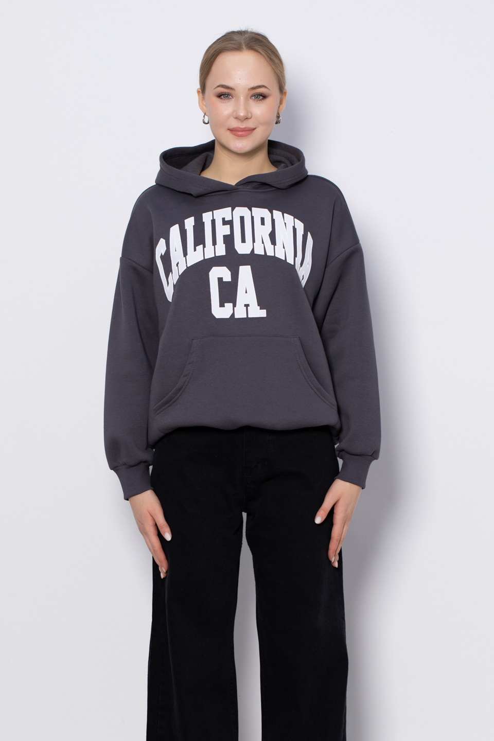 Yazı baskılı kapüşonlu sweatshirt-DVN0424 Antrasit