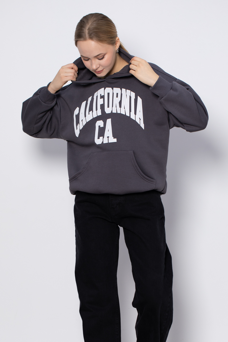 Yazı baskılı kapüşonlu sweatshirt-DVN0424 Antrasit