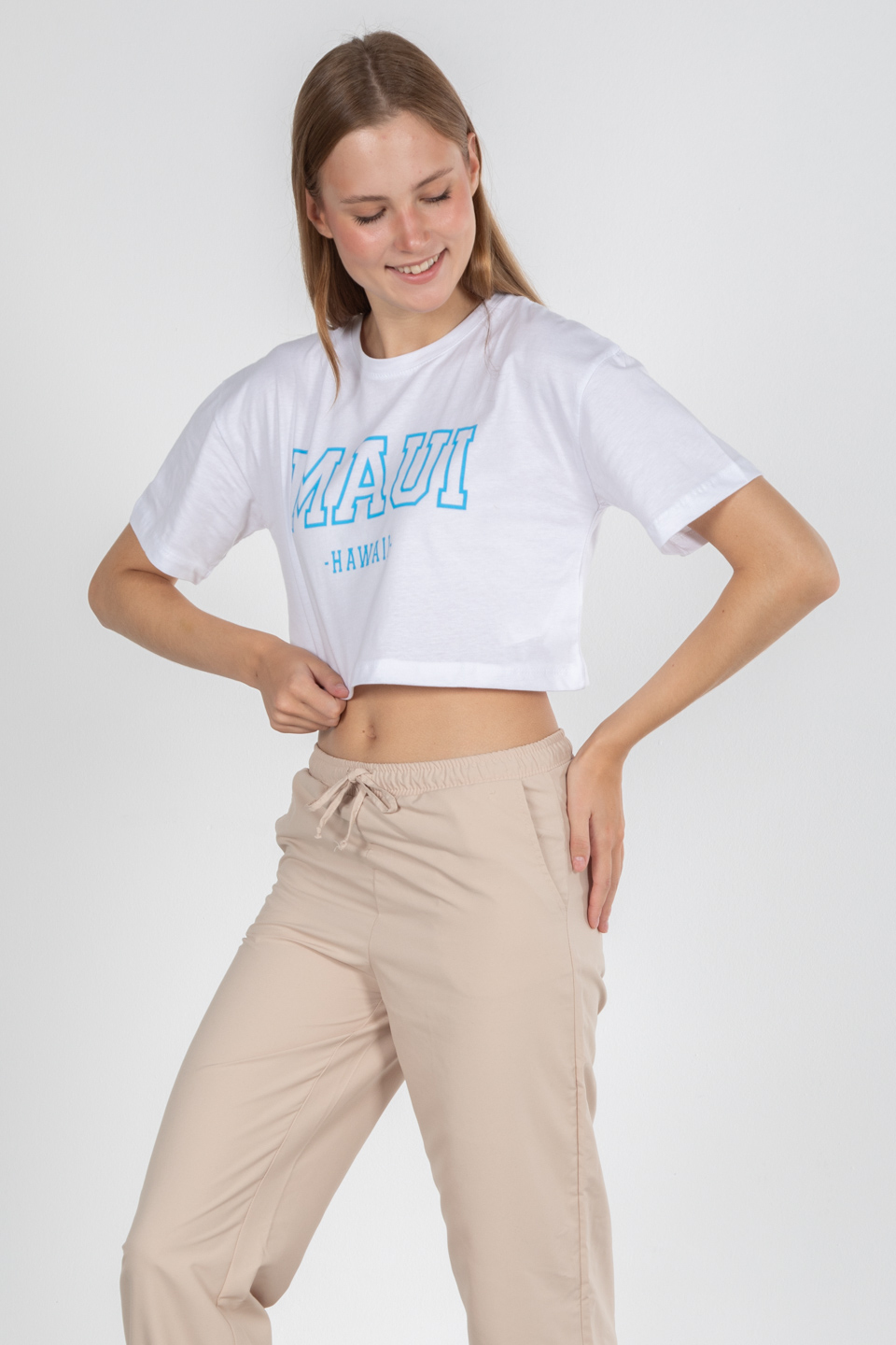 Yazı baskılı kısa t-shırt-5274 Beyaz