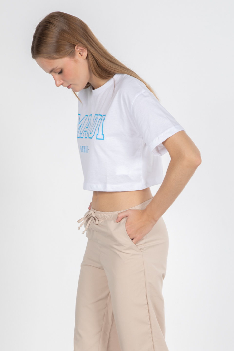 Yazı baskılı kısa t-shırt-5274 Beyaz