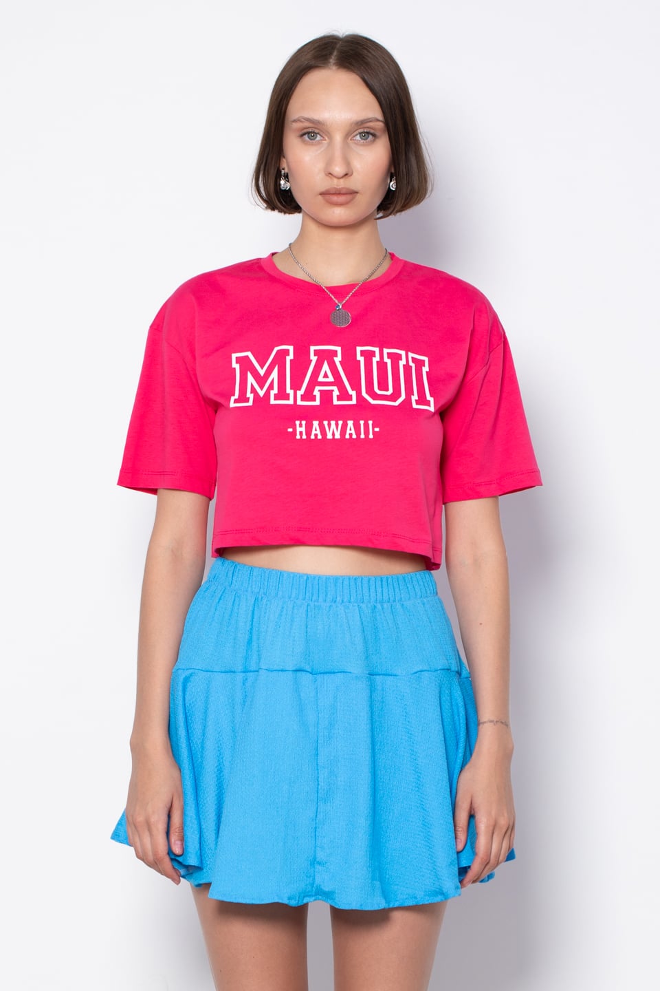 Yazı baskılı kısa t-shirt-5274 Fuşya
