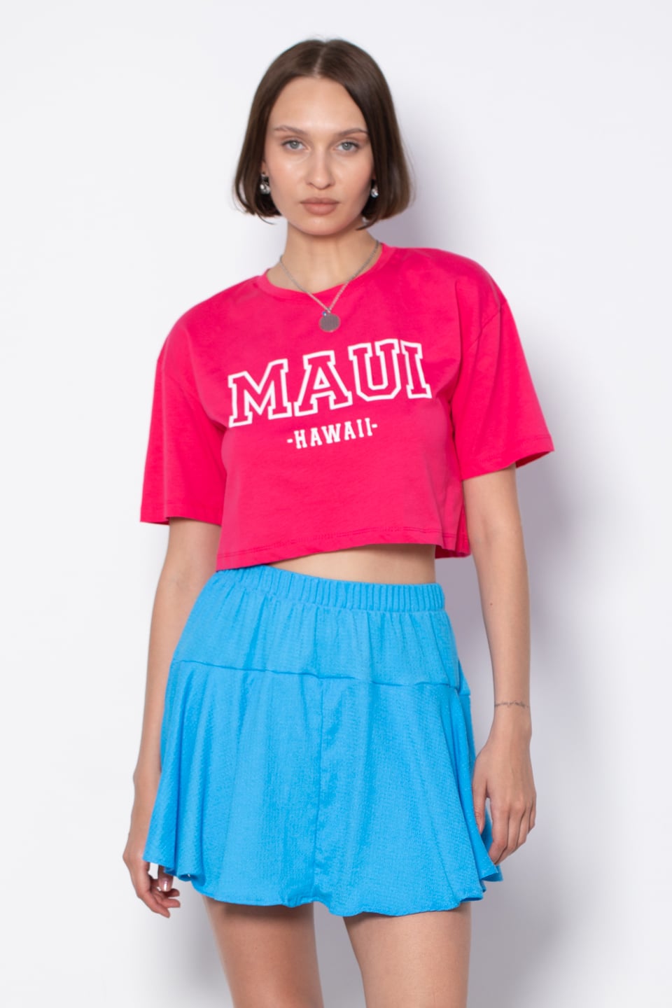 Yazı baskılı kısa t-shirt-5274 Fuşya