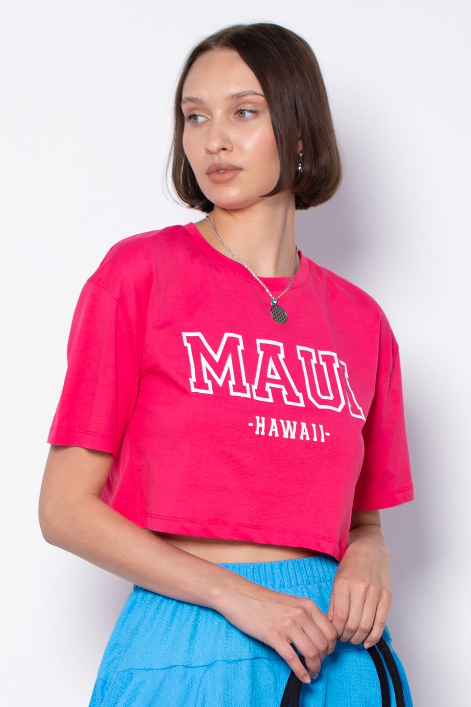 Yazı baskılı kısa t-shirt-5274 Fuşya