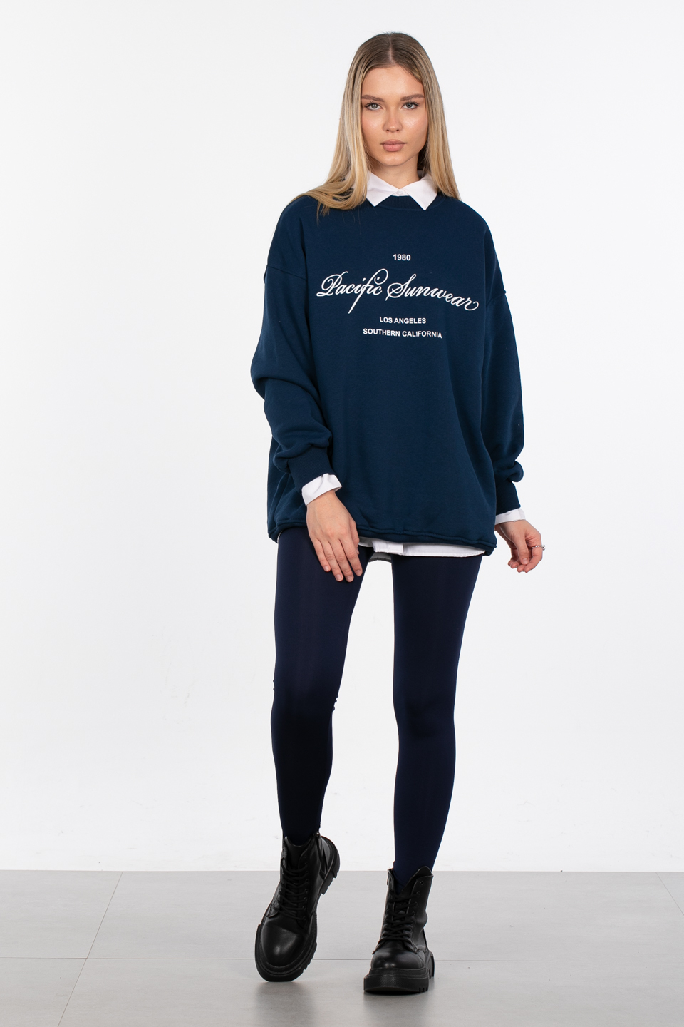 Yazı baskılı oversize sweatshirt-DVN0845 Lacivert