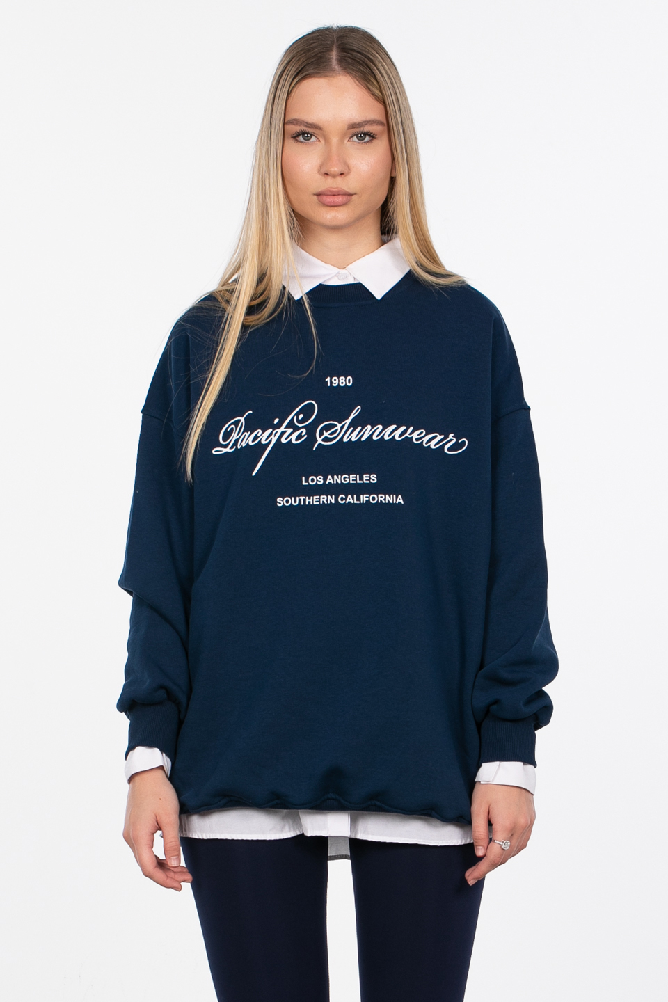 Yazı baskılı oversize sweatshirt-DVN0845 Lacivert