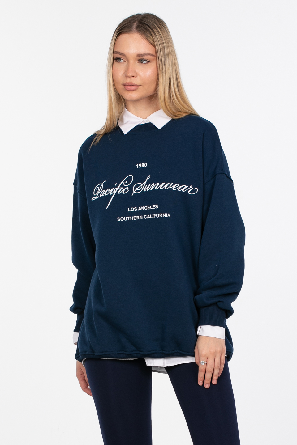 Yazı baskılı oversize sweatshirt-DVN0845 Lacivert