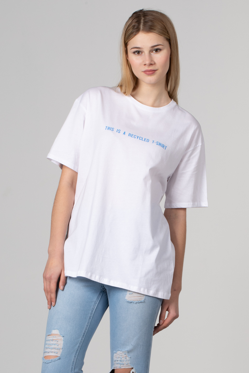 Yazı baskılı oversize t-shirt-2498 Beyaz