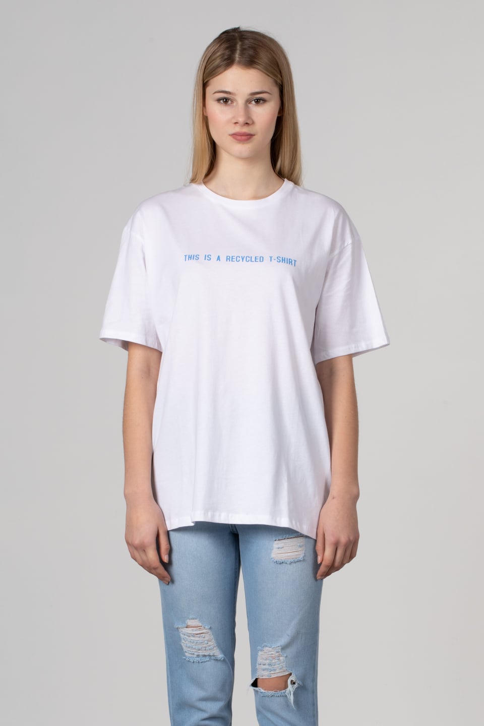 Yazı baskılı oversize t-shirt-2498 Beyaz
