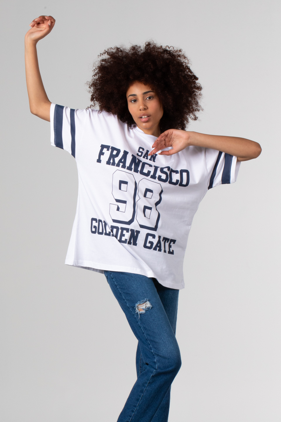 Yazı baskılı oversize t-shirt-81288 Beyaz/Lacivert