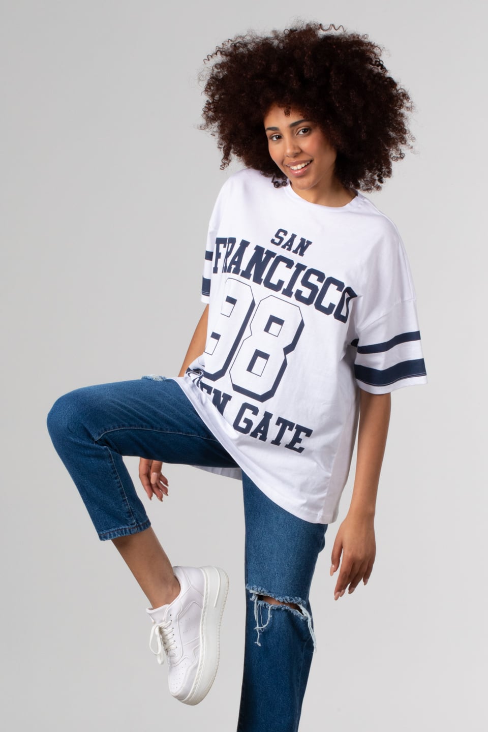 Yazı baskılı oversize t-shirt-81288 Beyaz/Lacivert