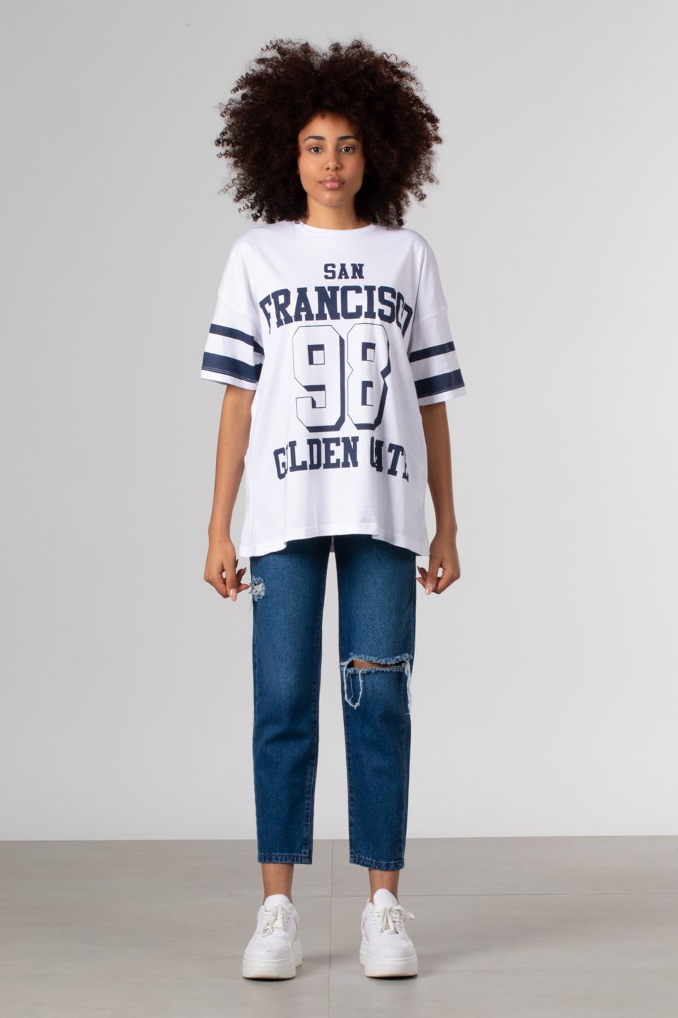 Yazı baskılı oversize t-shirt-81288 Beyaz/Lacivert