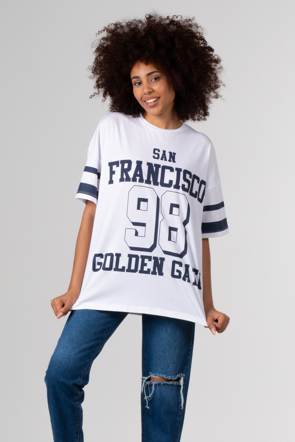 Yazı baskılı oversize t-shirt-81288 Beyaz/Lacivert