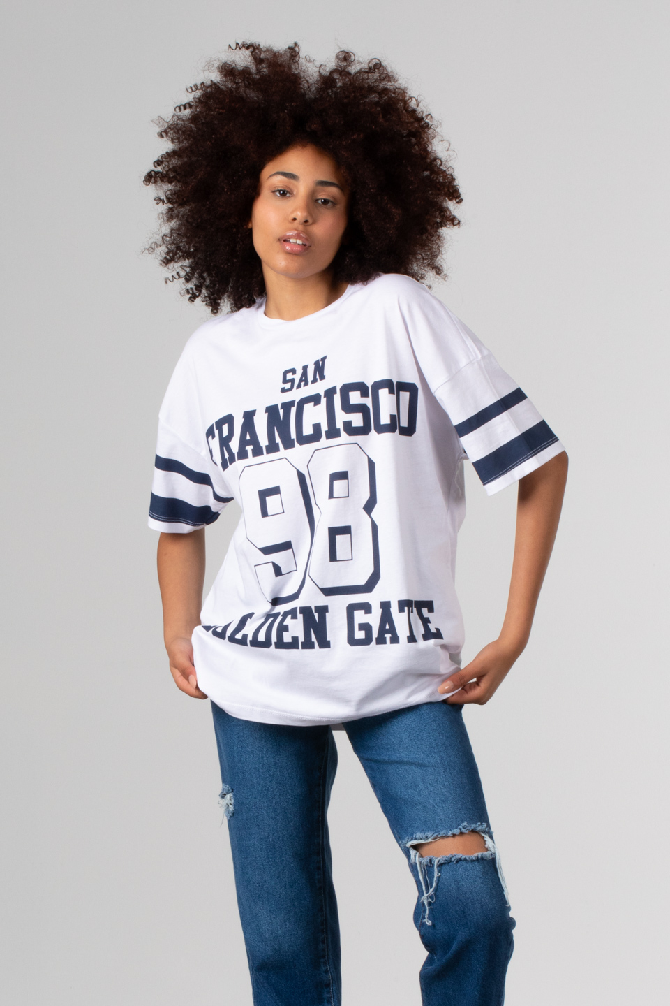 Yazı baskılı oversize t-shirt-81288 Beyaz/Lacivert