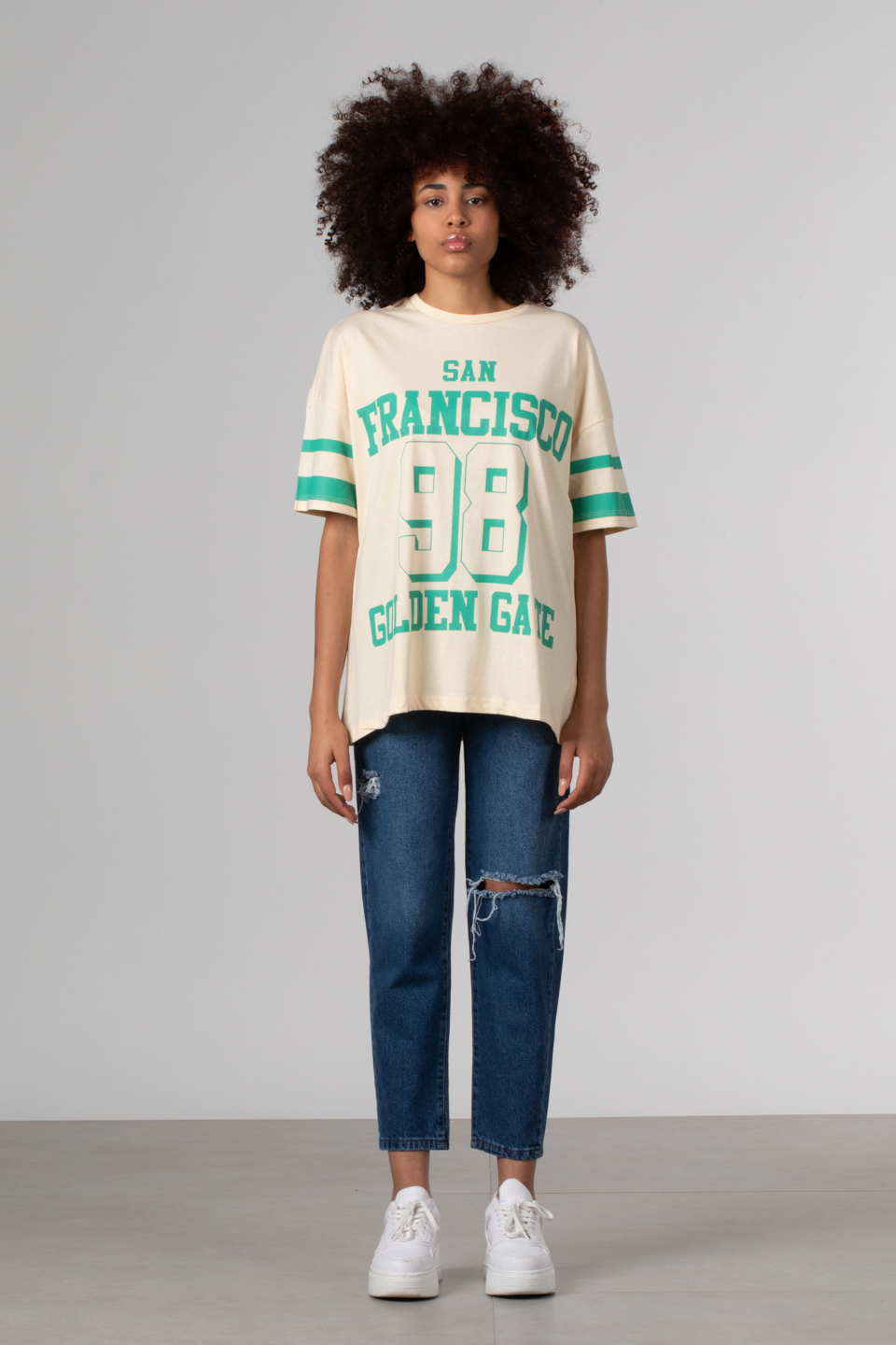 Yazı baskılı oversize t-shirt-81288 Krem/Yeşil
