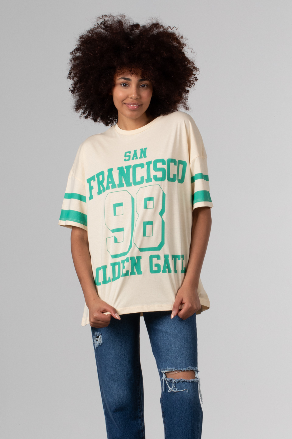 Yazı baskılı oversize t-shirt-81288 Krem/Yeşil