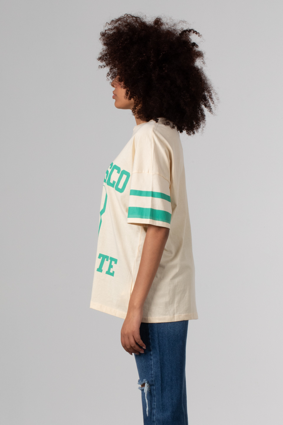 Yazı baskılı oversize t-shirt-81288 Krem/Yeşil