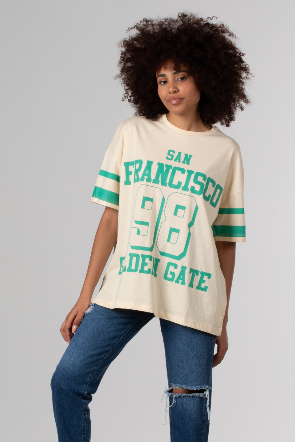 Yazı baskılı oversize t-shirt-81288 Krem/Yeşil