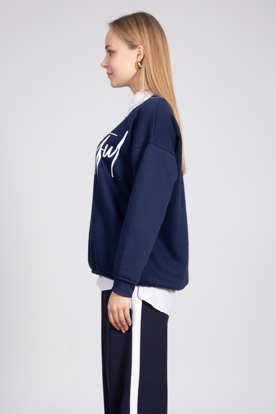 Yazı baskılı sweatshirt-81893 Lacivert