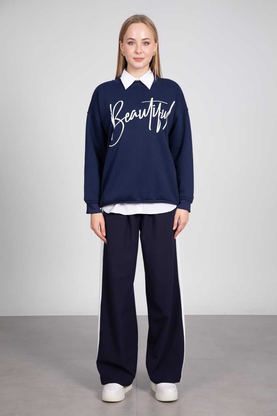 Yazı baskılı sweatshirt-81893 Lacivert