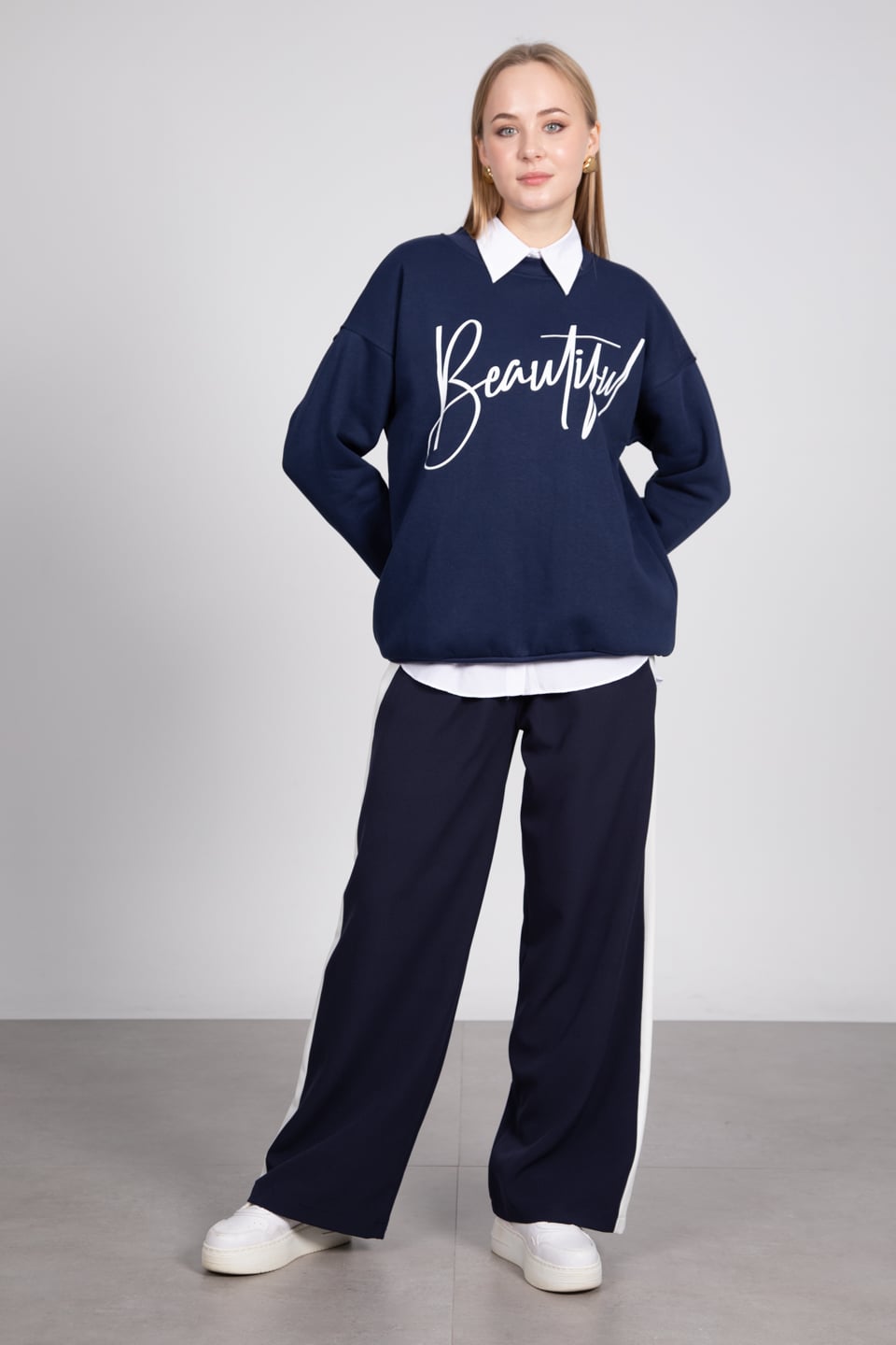 Yazı baskılı sweatshirt-81893 Lacivert