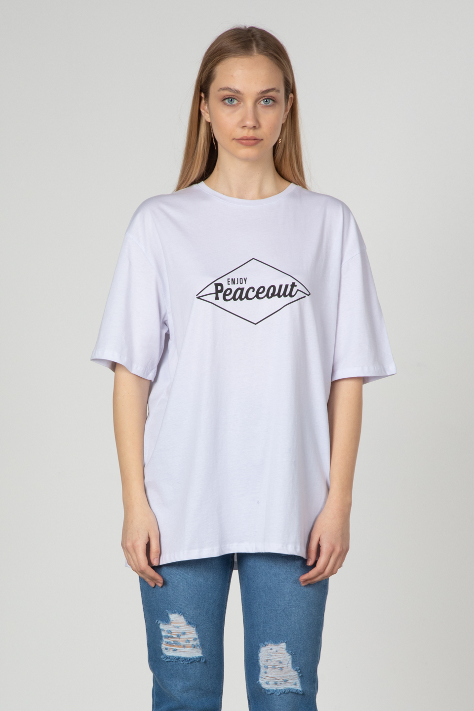 Yazı baskılı t-shirt-2493 Beyaz